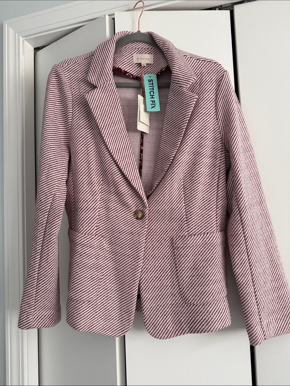 Skies Are Blue Pink and White Striped Women's Blazer
